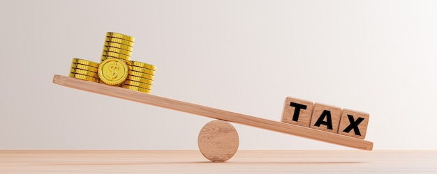 Golden money and wooden cube block tax on seesaw for unbalance of earning or income and government tax deduction by 3d render.