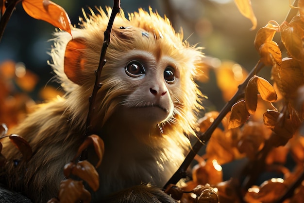 Золотая обезьяна в пышных джунглях держит плод между ветвями генеративной ИА