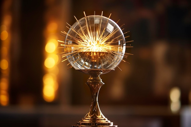 The golden monstrance with a little transparent crystal center consecrated host church defocused background AI Generative