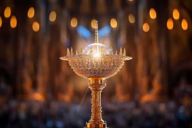 The golden monstrance with a little transparent crystal center consecrated host church defocused background AI Generative