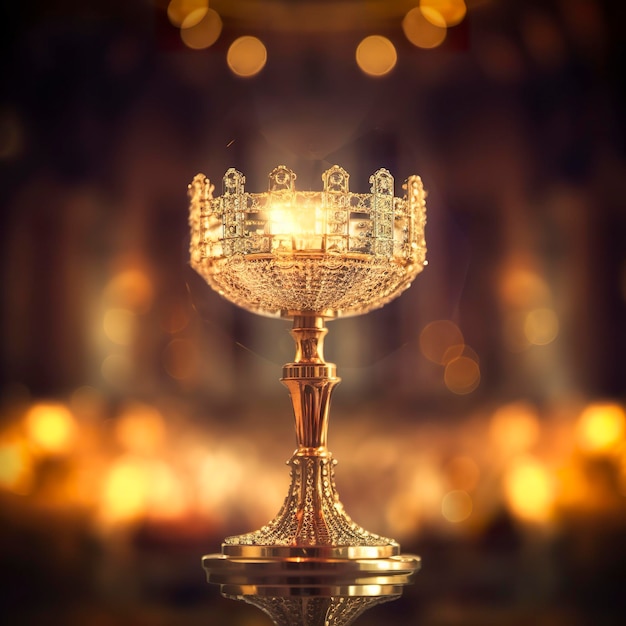 The golden monstrance with a little transparent crystal center consecrated host church defocused background AI Generative