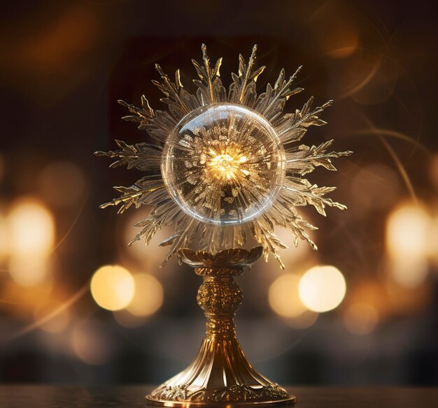 Photo the golden monstrance with a little transparent crystal center consecrated host church defocused background ai generative