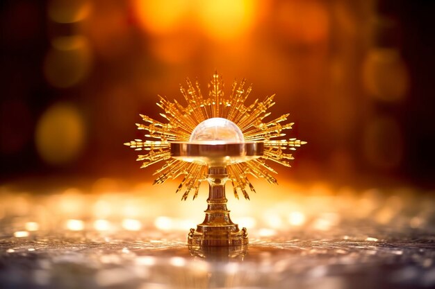 小さな透明なクリスタルの中心を持つ金色の聖体拝領ホスト教会の焦点のぼけた背景AIジェネレーティブ