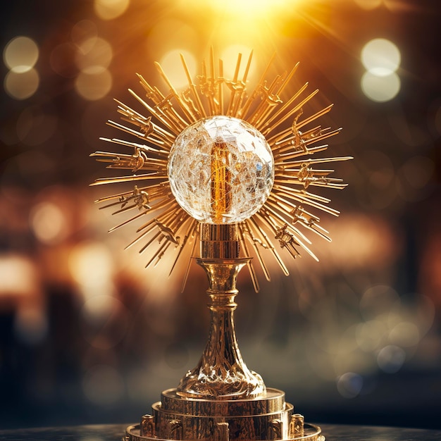 The golden monstrance with a little transparent crystal center consecrated host church defocused background AI Generative