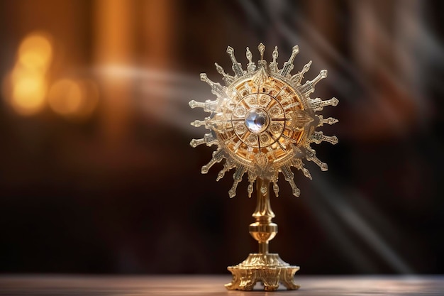 The golden monstrance with a little transparent crystal center consecrated host church defocused background AI Generative