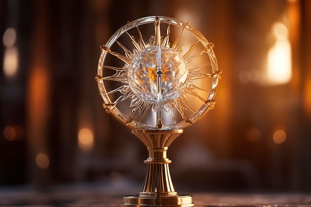 The golden monstrance with a little transparent crystal center consecrated host church defocused background
