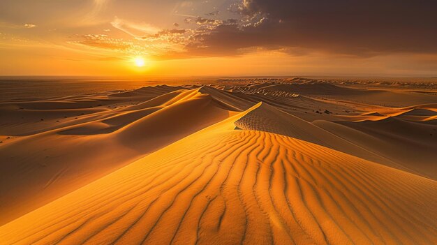Золотой утренний свет бросает длинные тени по волнистым песчаным дюнам пустыни Сахара