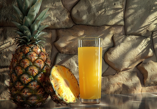 Golden morning light illuminating a fresh pineapple and a glass of refreshing juice on a textured stone wall