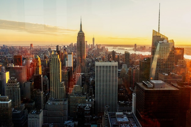 Golden morning light shines over the gorgeous cityscape of New York 