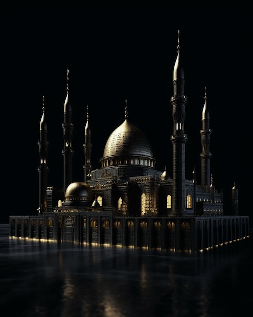 Golden mosque on dark black background