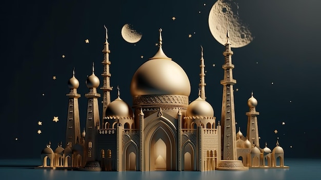 A golden mosque in a dark space with a moon and stars.