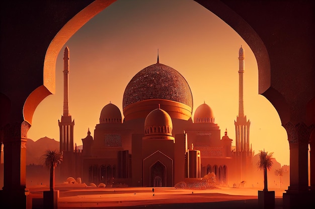 Golden mosque in desert Generative AI