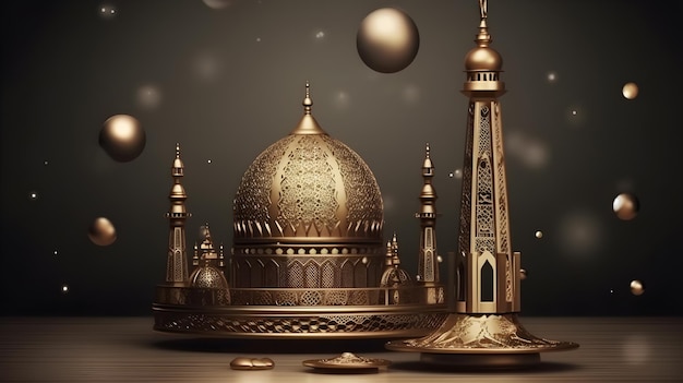 A golden mosque and a dome on a dark background generative ai technology