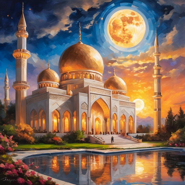 Photo the golden mosque paint art under the full moons radiance