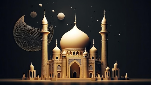 A golden mosque with a black background and planets in the background.