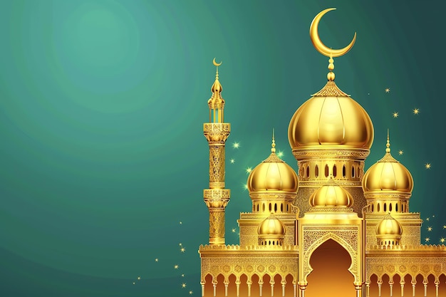 Photo golden mosque with crescent moon and stars illustratio eid mubarak