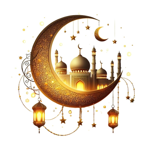 golden mosque with gold crescent moon and lantern