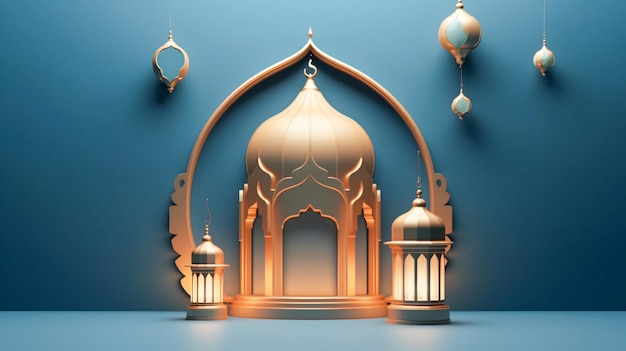 Golden Mosque with Hanging Lanterns Enhanced by Generative AI
