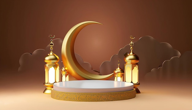 Photo a golden mosque with a white plate and a crescent moon in the middle.