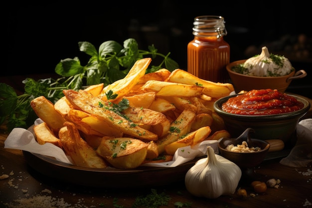 Golden mountain of crispy chips next to an open ketchup bottle generative IA