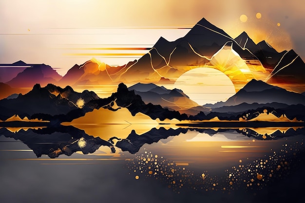 Golden mountains and lake sun over the mountain Beautiful minimalistic print for your decor for postcard congratulations and poster Generative AI