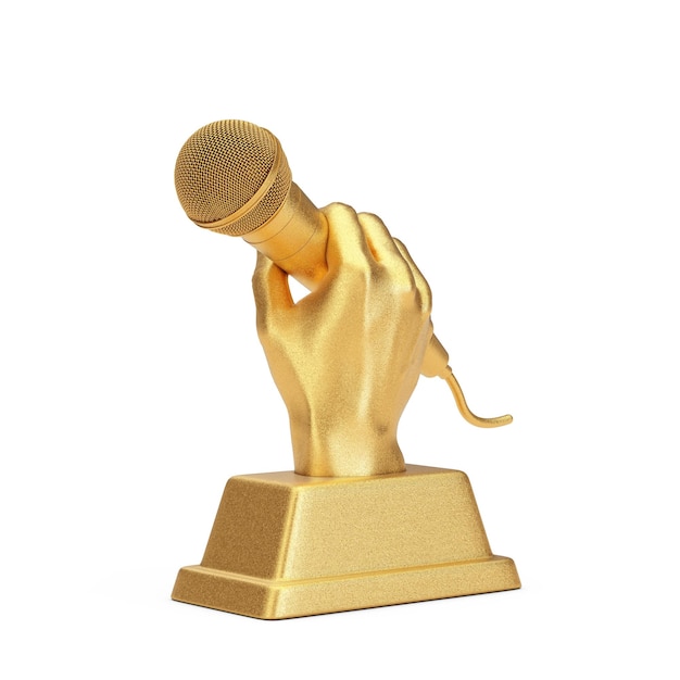 Photo golden music award trophy in shape of hand with microphone on a white background 3d rendering