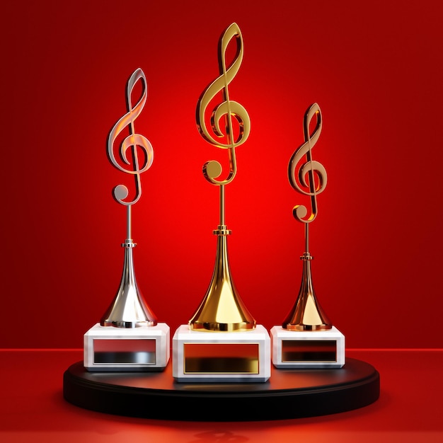 Golden music award with a treble clef on a red background 3d illustration