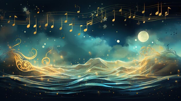 golden musical notes sound waves oscillating music abstract star background