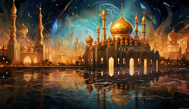 Золотая мусульманская мечеть на абстрактном небесном фоне ночью