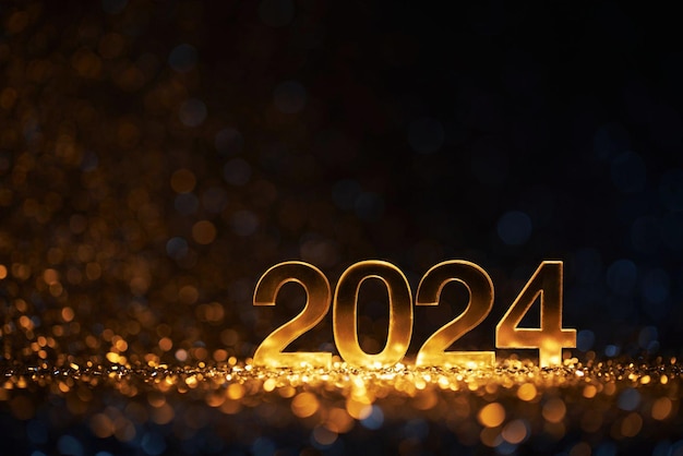 Foto golden new year 2024 su luci sfocate festa celebrazione natale oro
