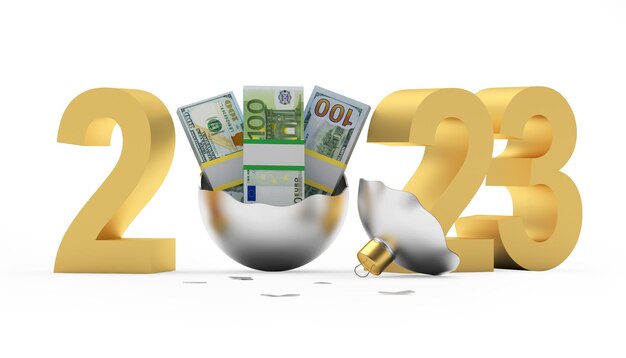 Photo golden new year number with euro and dollar banknotes