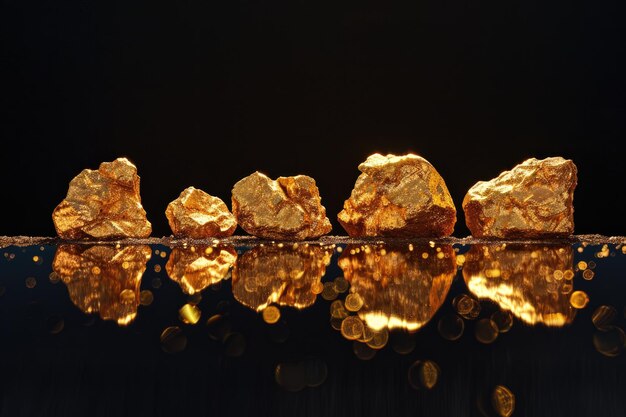 Golden nuggets on black background with reflection