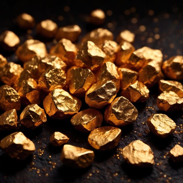 Photo golden nuggets on dark background raw precious gold