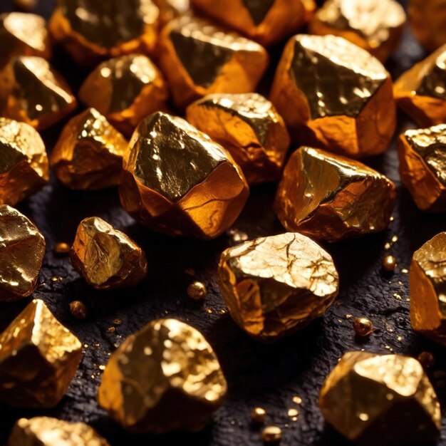 Photo golden nuggets on dark background raw precious gold