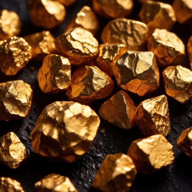 Photo golden nuggets on dark background raw precious gold