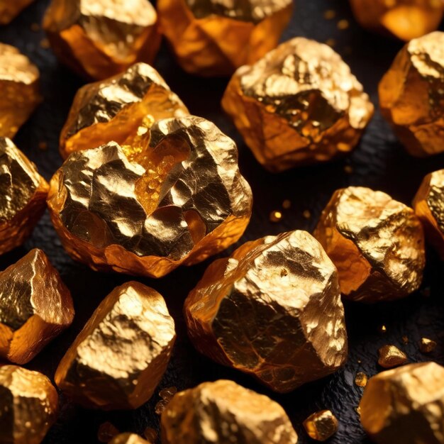 Photo golden nuggets on dark background raw precious gold