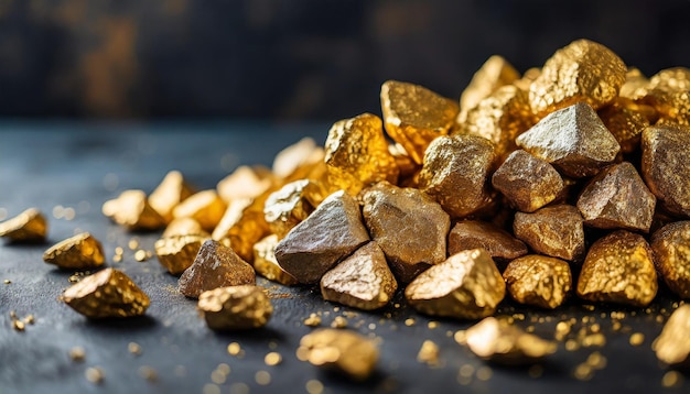 golden nuggets on textured dark surface symbolizing wealth and discovery