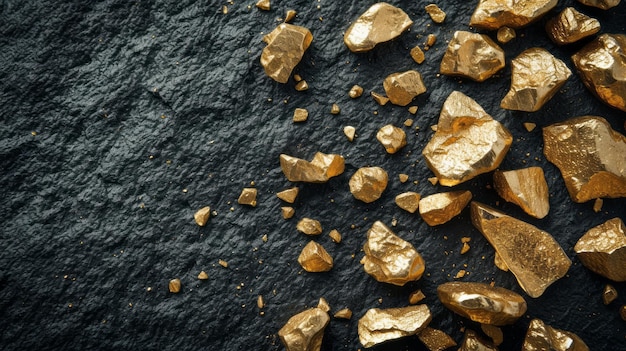 Photo golden nuggets of varying sizes scattered across a dark textured surface conveying a sense of luxury