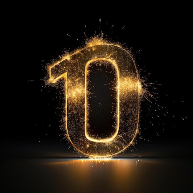 Photo golden number 10 on a black background with glitter particles in the style of kinetic light artist