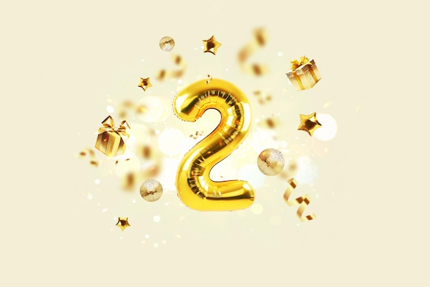 Golden number 2 is flying with golden confetti gifts mirror ball and stars balloons on a beige background with bokeh lights and sparks creative idea winner and second place concept