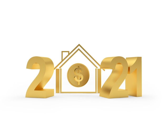 golden number 2021 and house symbol with dollar sign