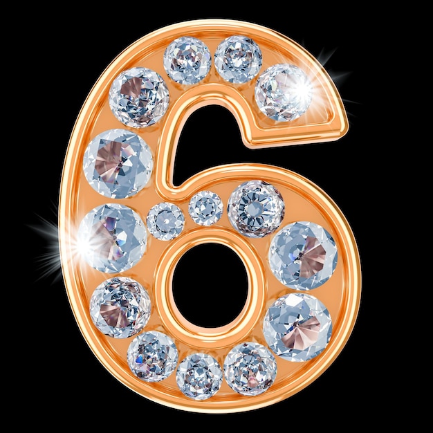 Golden number 6 with diamonds 3D rendering