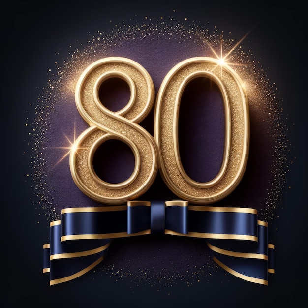 Photo golden number 80 with sparkling dust and blue ribbon