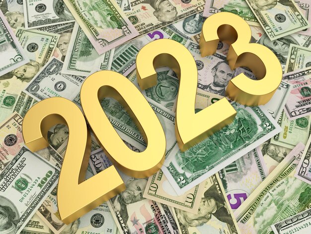 Golden number new year on dollar bills.