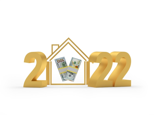 Golden number of new year and house icon with dollar banknotes