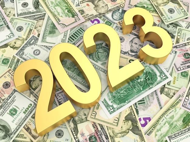 The golden number of new year lies on dollar bills.