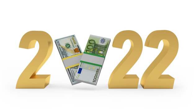 Golden number of new year with dollar and euro banknotes