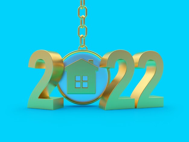 Golden number of new year with house icon on keychain