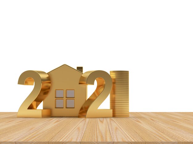 Golden numbers 2021 with house icon and coins in a stack