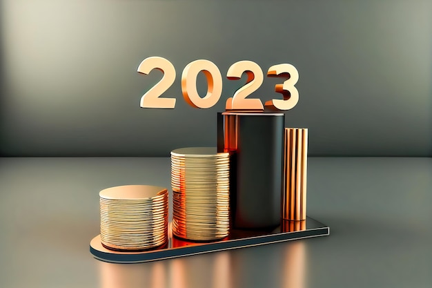 Golden numbers 2023 and stack of coins Generative AI